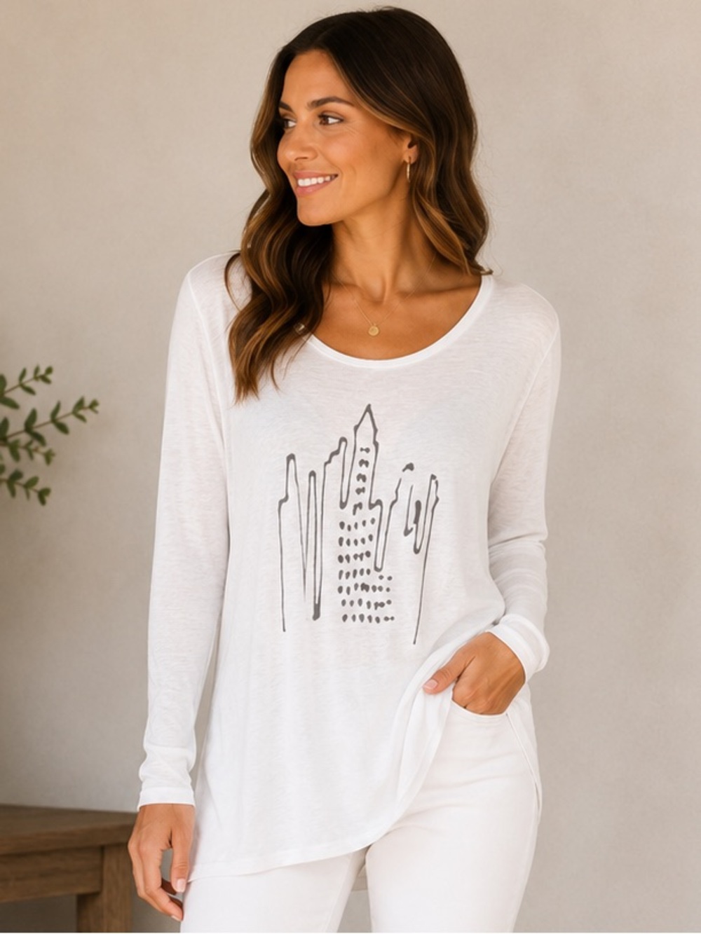 Sunday Graphic City Skyline Long Sleeve Tunic Top White 1X Casual Minimalist